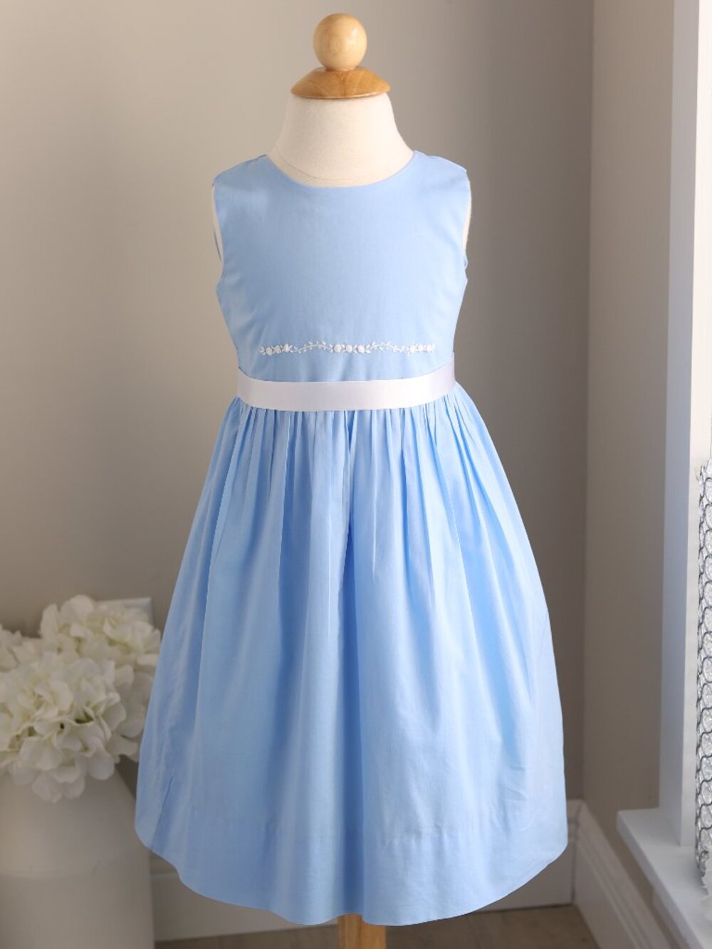 Strasburg Blue Cotton Dress White Hand-Embroidery Sleeveless Satin Sash Size 4
